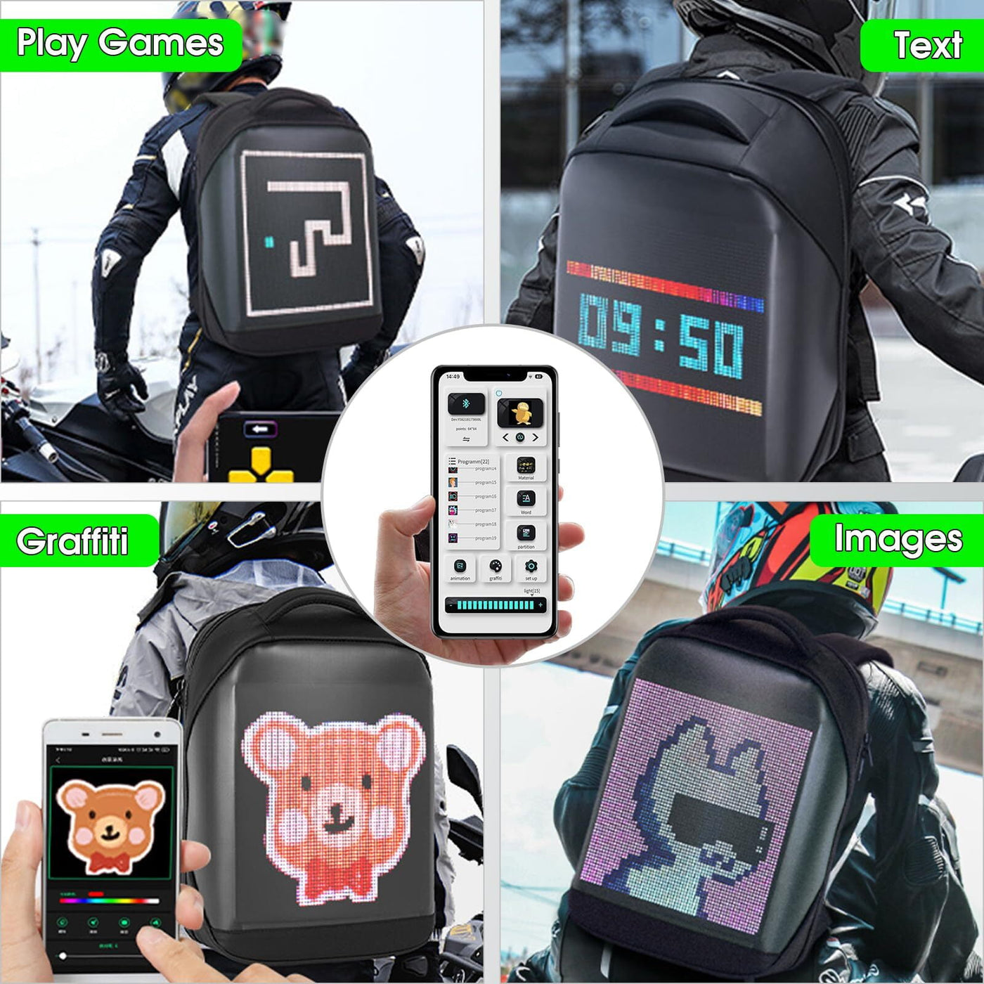 16 Inches LED Motorcycle Backpack with Programmable Full Color Screen Waterproof Riding Backpack for Men And Women